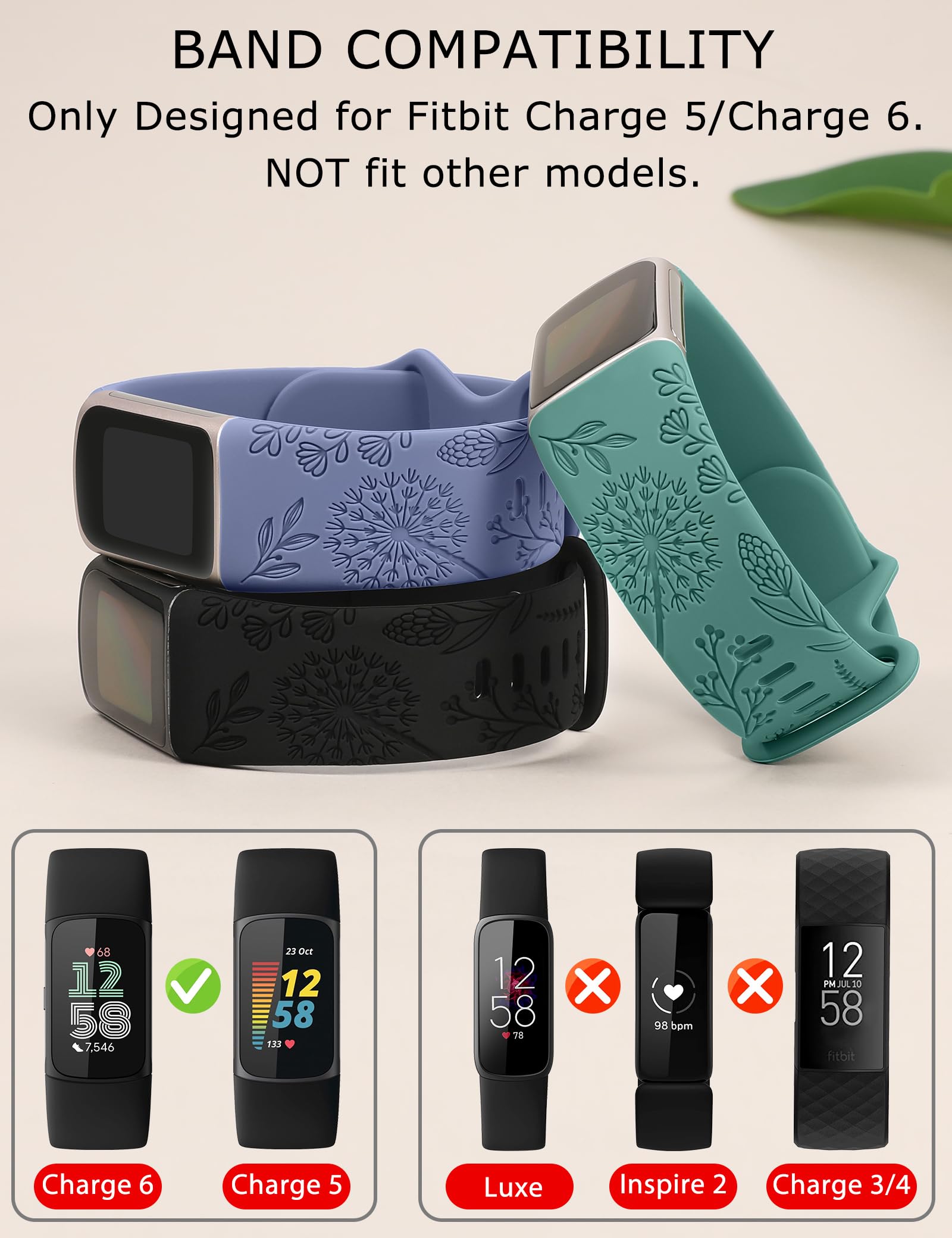 TOYOUTHS 3 Packs Floral Engraved Compatible with Fitbit Charge 5/Charge 6 Strap for Women, Soft Waterproof Silicone Sport Band with Cute Dandelion Flower Pattern, BlackandIce BlueandGreen