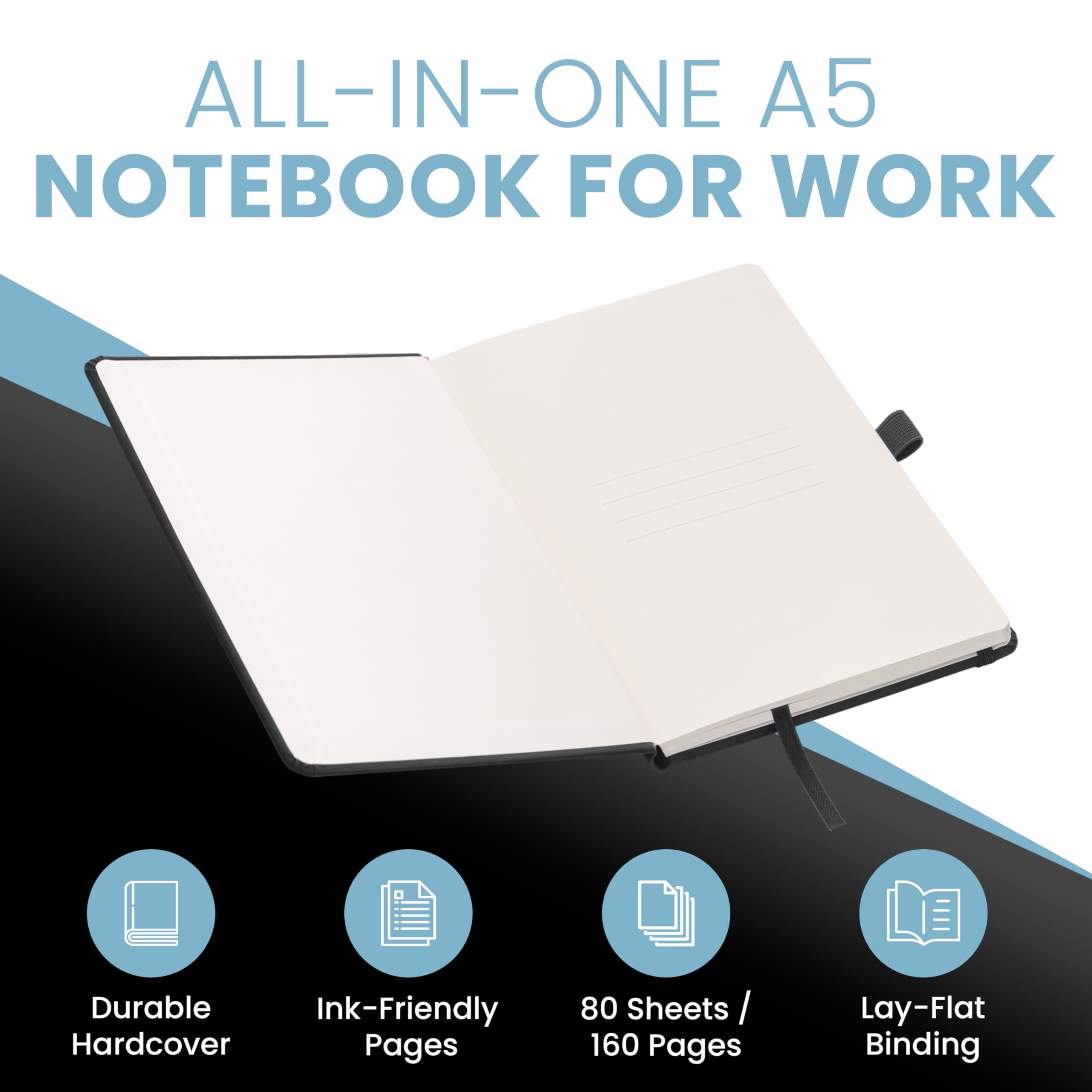 CUQOO Hardback A5 Notebook in Teal with 160 Lined Pages - A5 Journal Notebook with Pen Loop, Ribbon, Date Marks and Paper Pocket   A5 Notepad & A5 Notebook Hardback Ideal for Writing and Diary Keeping