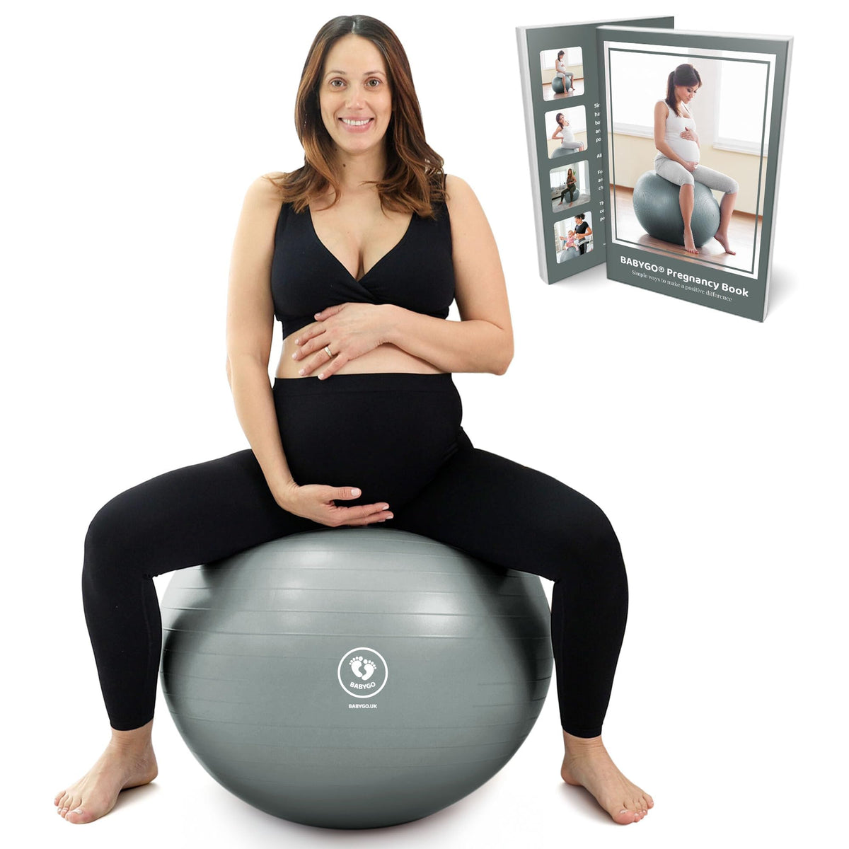 BABYGO® Birthing Ball For Pregnancy Maternity Labour & Yoga and Our 100 Page Pregnancy Book, Exercise, Birth & Recovery Plan, Anti-Burst Eco Friendly Material (75cm - 5'11 inches and, Grey)