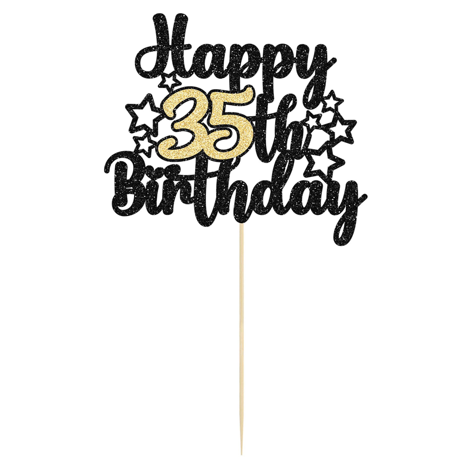 Gyufise 1Pc Happy 35th Birthday Cake Topper Black Gold Glitter Cheers to 35 Years Birthday Cake Pick 35 Fabulous Cake Decoration for Happy 35th Birthday Anniversary Party Supplies