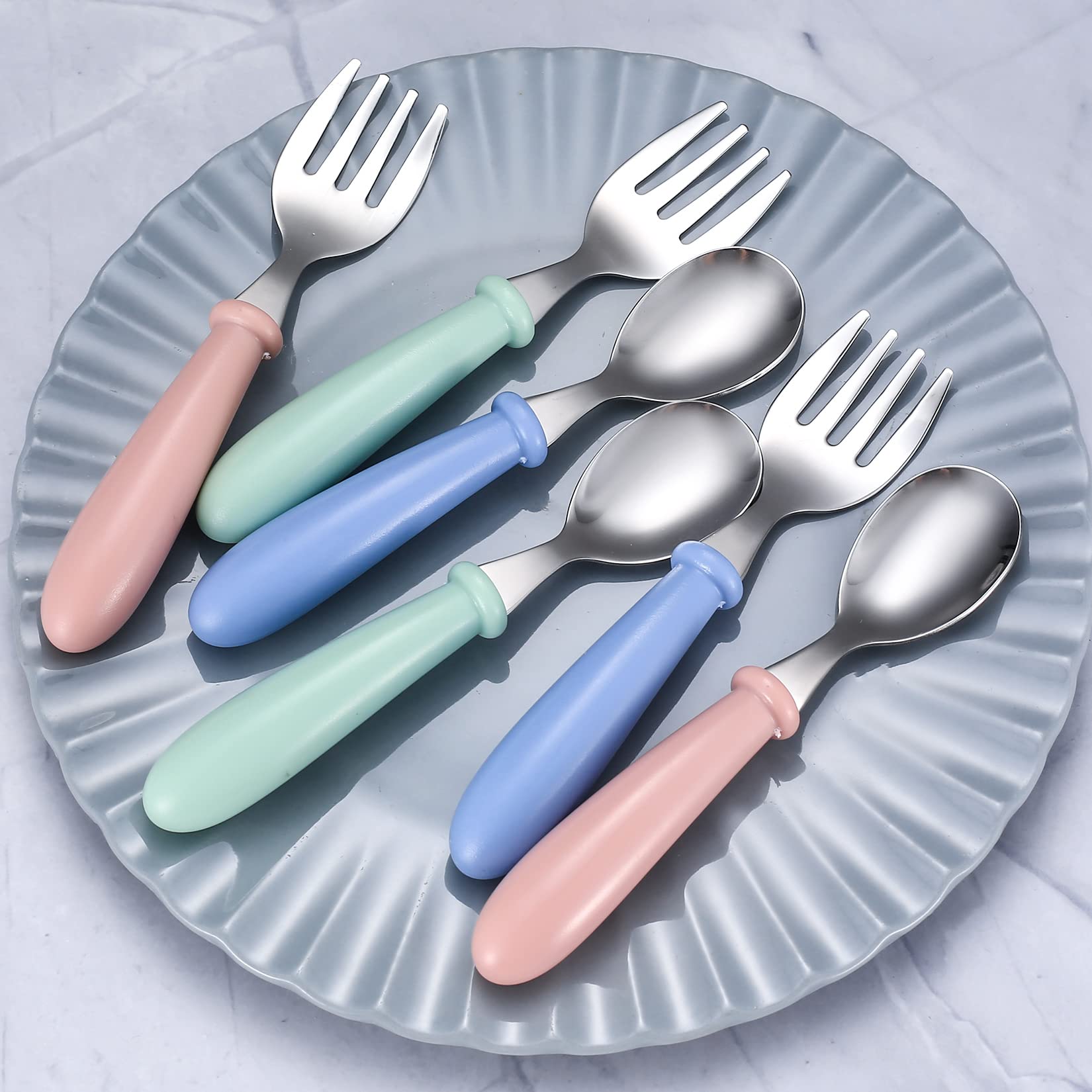 3 Set/6 Pcs Toddler Cutlery Fork and Spoon Set, Toddler Children's Cutlery Utensils Spoons Forks Tableware Set, Stainless Steel Self Feeding Spoon and Fork - 3 x Forks, 3 x Spoons