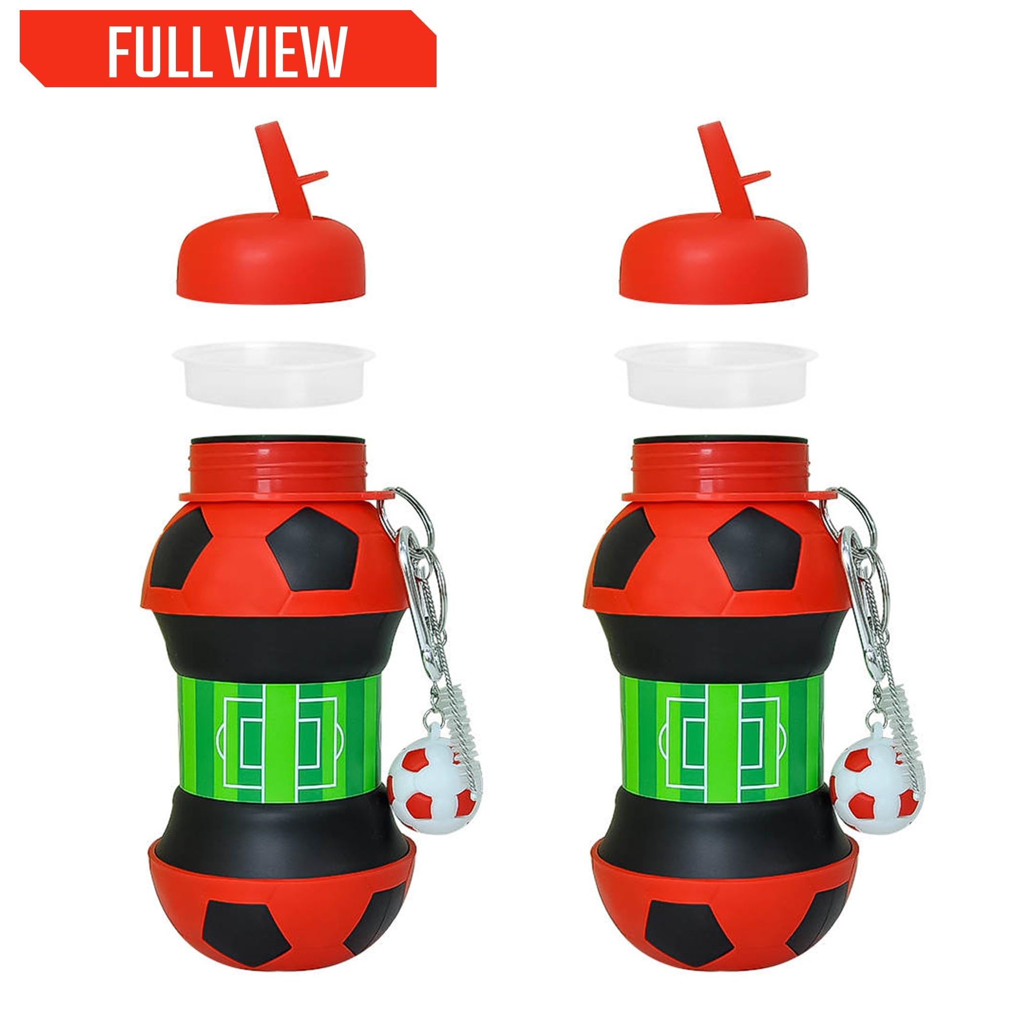RIXOZ Red & Black Football Water Bottle - 550ml Silicone Collapsible Football Water Bottle With Football Keyring For Kids