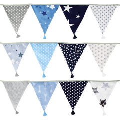 G2PLUS Fabric Bunting Banner with Tassel, 3.3M Double Sided Cotton Tassel Banner with 12 Blue and Grey Triangle Pennants, Vintage Cloth Garlands for Nursery Bedroom Playhouse Decoration