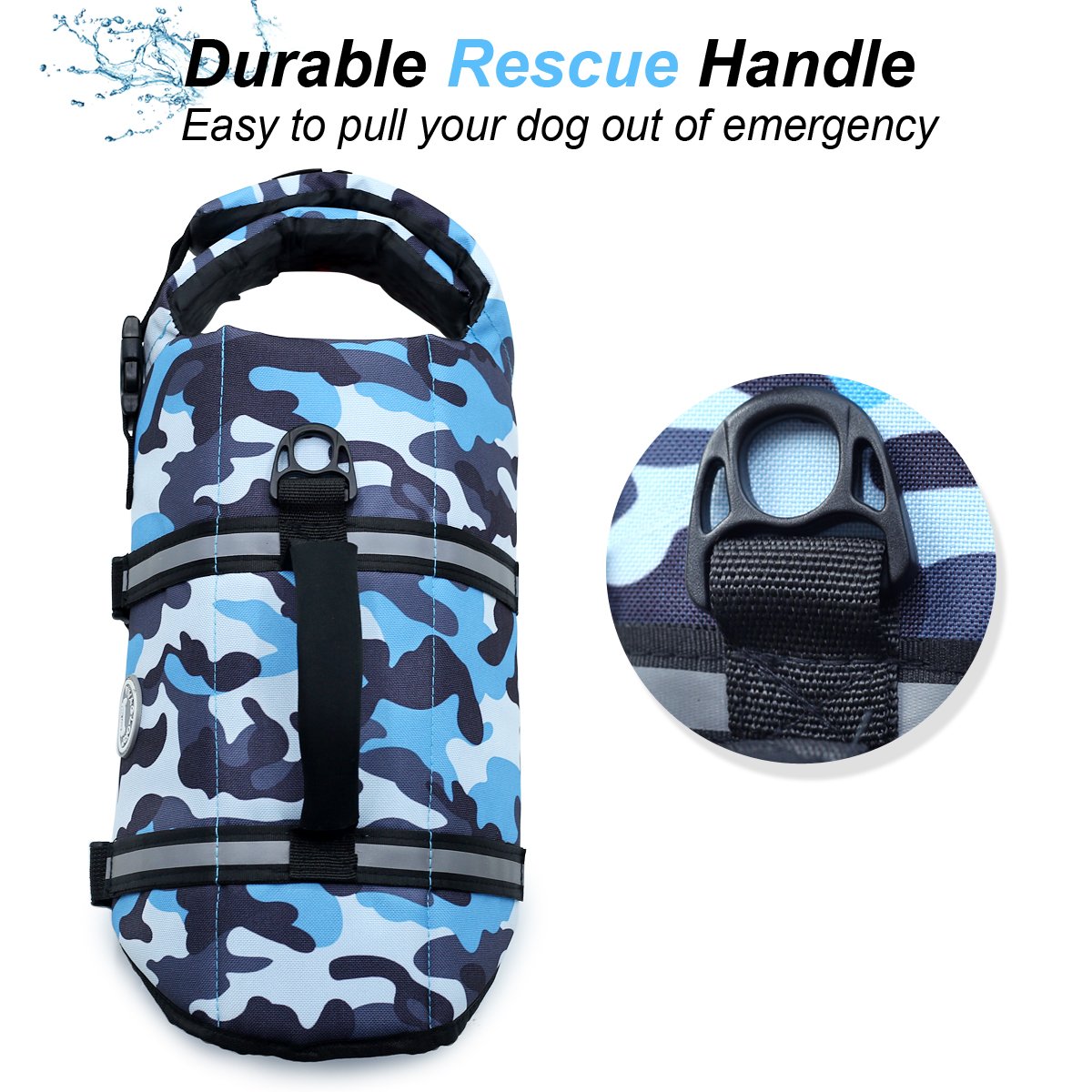 VIVAGLORY Ripstop Dog Life Jacket for Small Medium Large Dogs Boating, Dog Swimming Vest with Enhanced Buoyancy & Visibility, Camo Blue