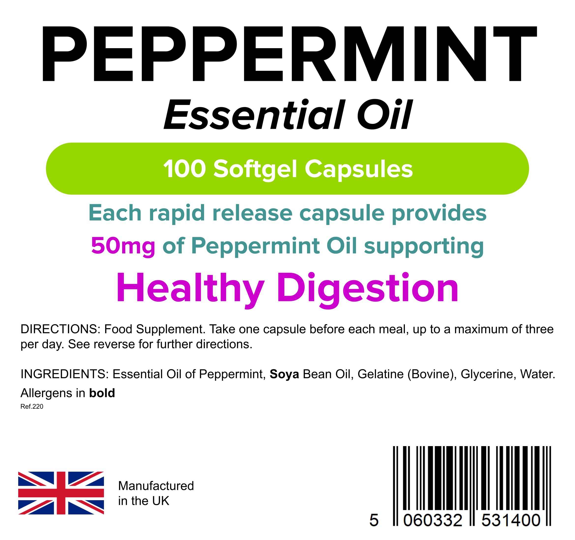 Lindens Peppermint Oil 50mg Capsules - 100 Pack - Essential Oil of Peppermint Supporting Healthy Digestion. - UK Manufacturer, Letterbox Friendly