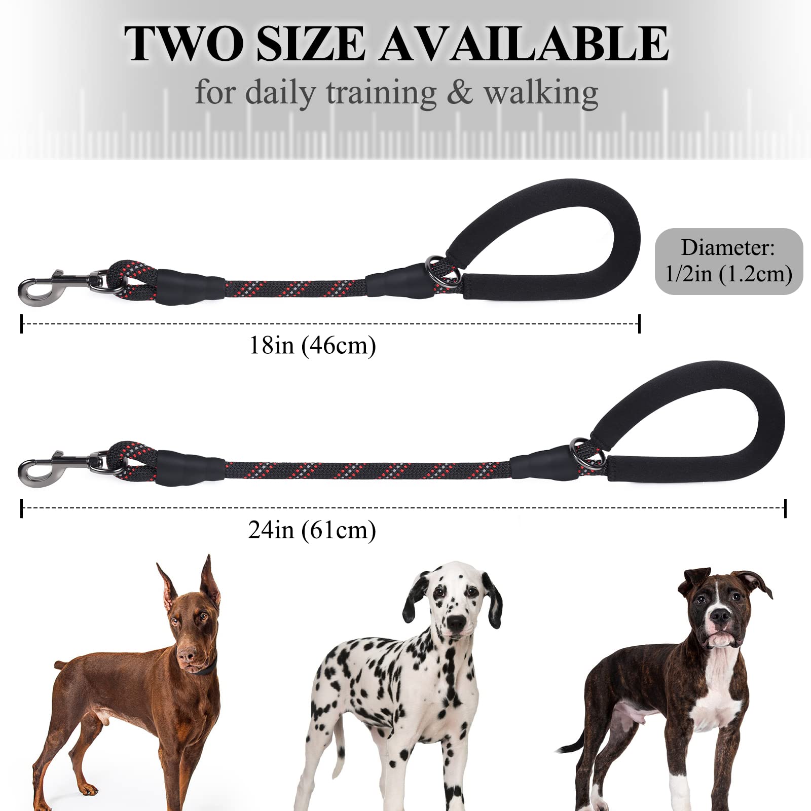 VIVAGLORY Short Dog Lead with Comfortable Padded Handle, 61cm Durable Rope Short Walking & Training Leashes for Dogs with Highly Reflective Threads for Medium & Large Dog, Black