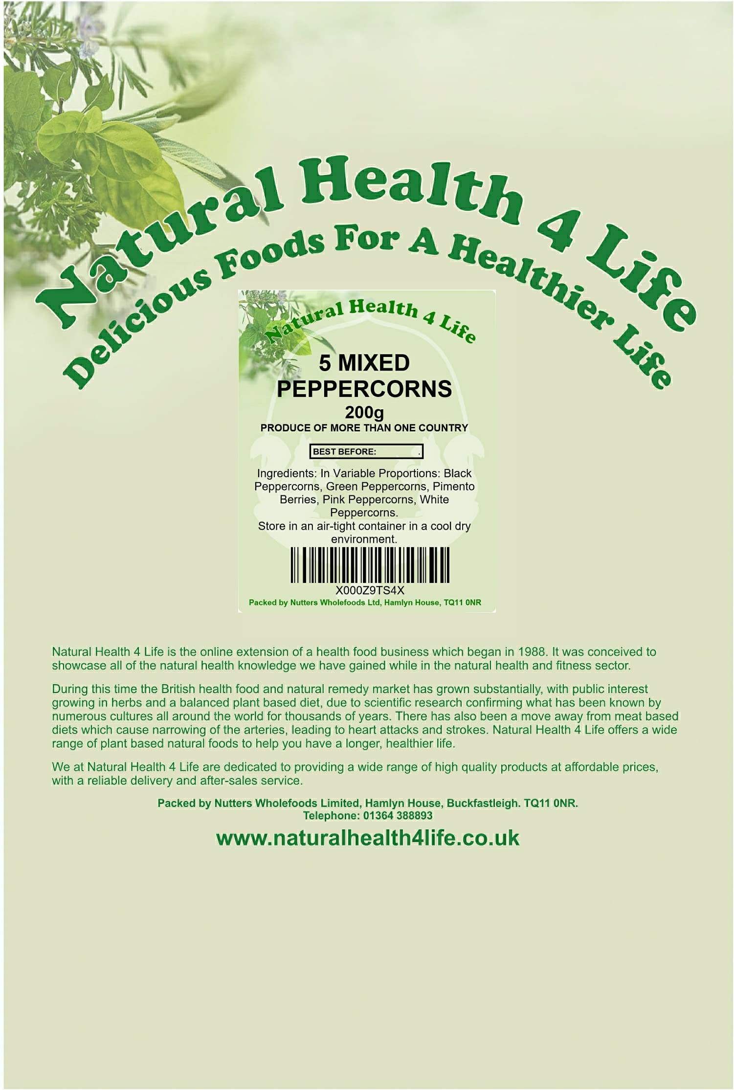 Natural Health 4 Life Spices Mixed Whole Peppercorns Five Pepper (Black, White, Green, Pink and Allspice) 200 g in Bag (1 Bag)