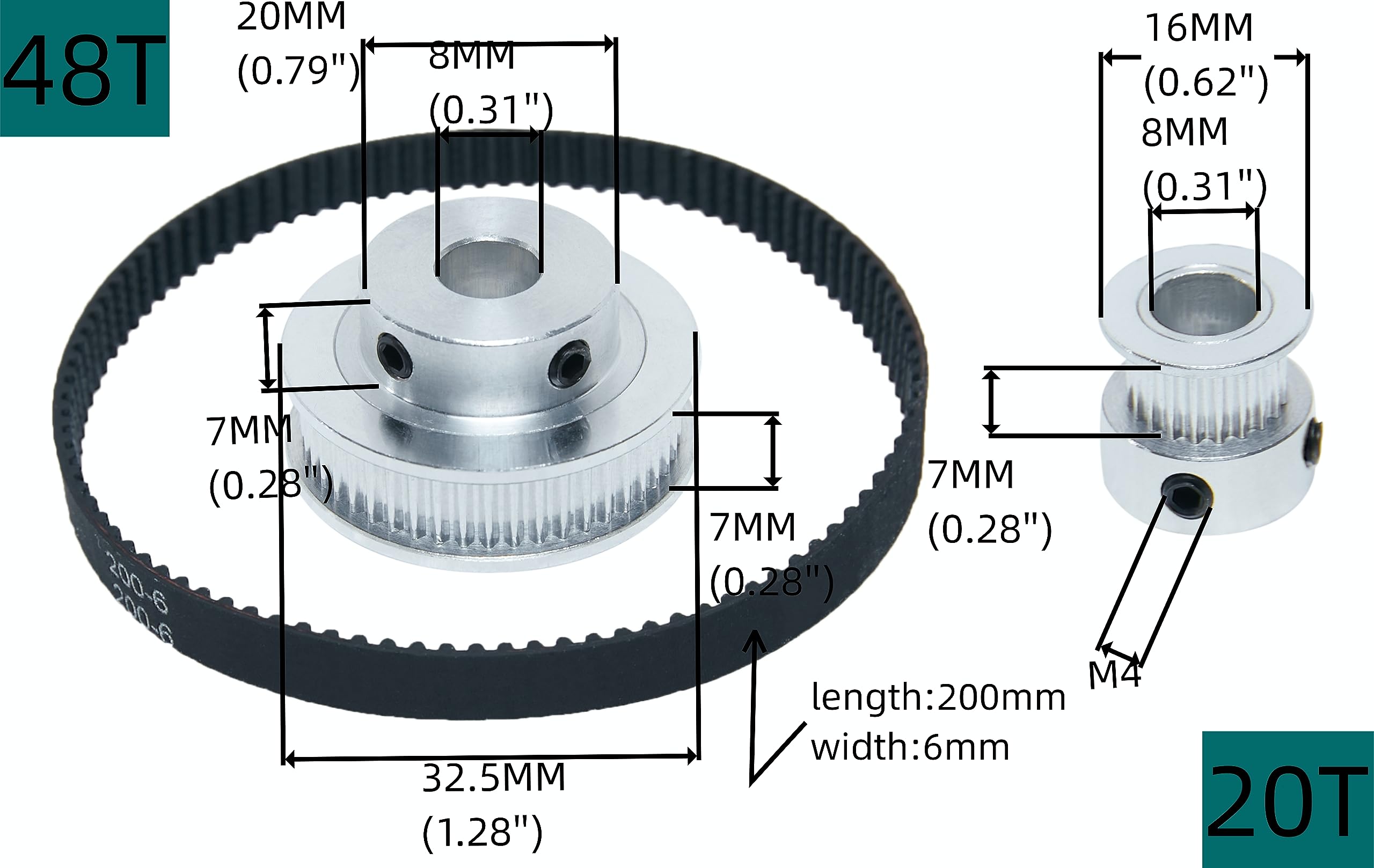 SHCEEC 2PCS Set 2GT Aluminum Timing Pulley 20&48 Teeth 8mm Bore Synchronous Wheel with 2PCS Length 200mm Width 6mm Belt (20-48T-8B-6)