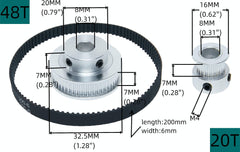 SHCEEC 2PCS Set 2GT Aluminum Timing Pulley 20&48 Teeth 8mm Bore Synchronous Wheel with 2PCS Length 200mm Width 6mm Belt (20-48T-8B-6)