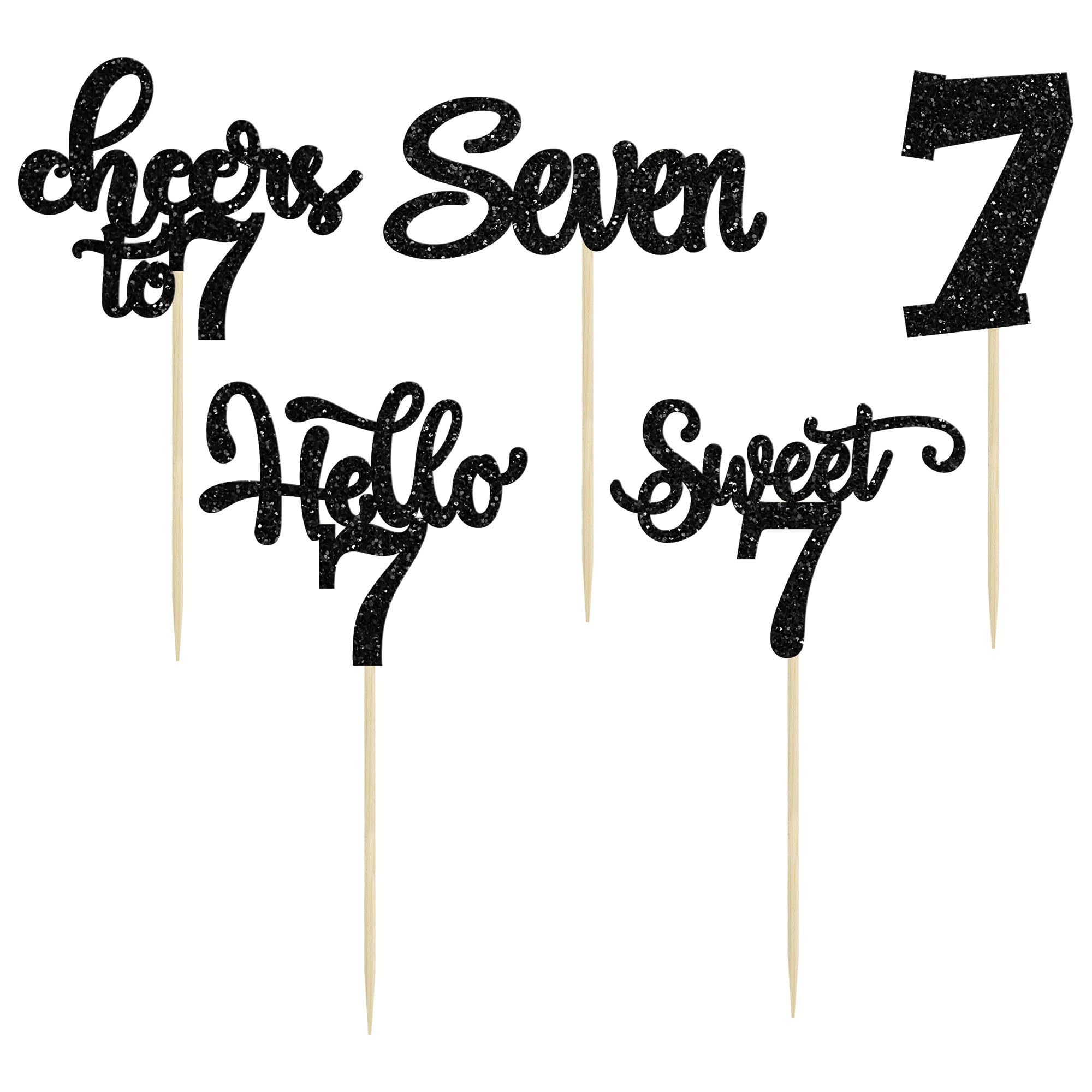 30Pcs 7th Birthday Cupcake Toppers Glitter Seven Happy 7 Cupcake Picks Cheers to 7 Years Old Cake Decorations for 7th Birthday Party Supplies Black