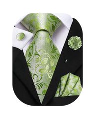 Hi-Tie Light Green Paisley Flower Ties for Men Silk 4 PCS Woven Necktie Lapel Pin Pocket Square Link Cuffs Set Wedding