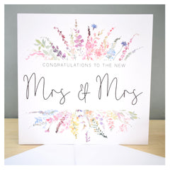 Congratulations Mrs & Mrs   Bride & Bride Wedding Greeting Card   Gay Lesbian Ceremony   Newly Married Couple   Wife   Rainbow Florals   148mm Square