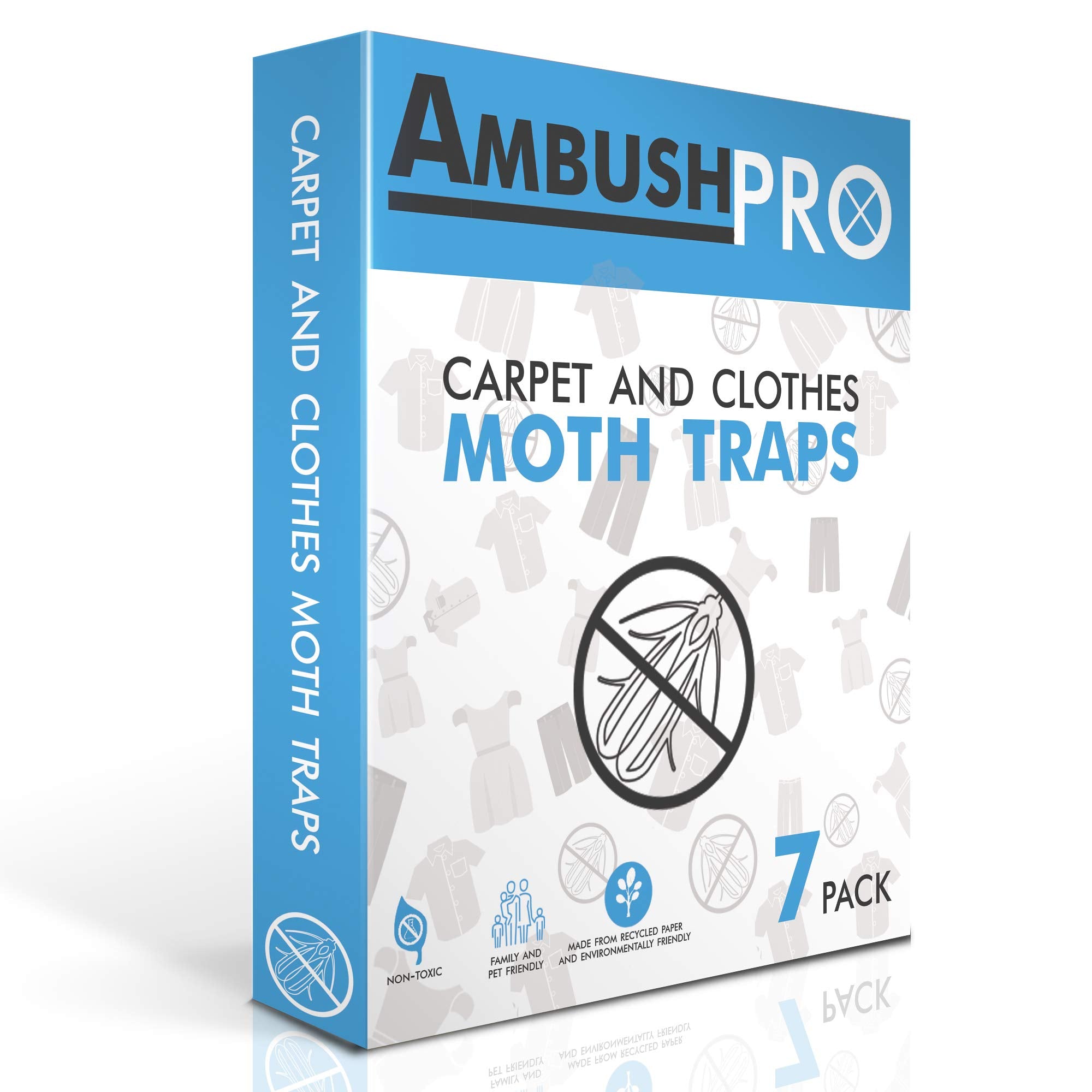 CARPET AND CLOTHES MOTH TRAPS. 7 Pack of Toxin-Free, Sticky Pheromone Traps that attract and kill Carpet Moths and Clothes Moths.