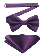 HISDERN Dark Purple Bow Ties Men Pre-tied Bow Tie and Pocket Square Set Formal Solid Color Bowtie and Handkerchief for Wedding Party Banquet