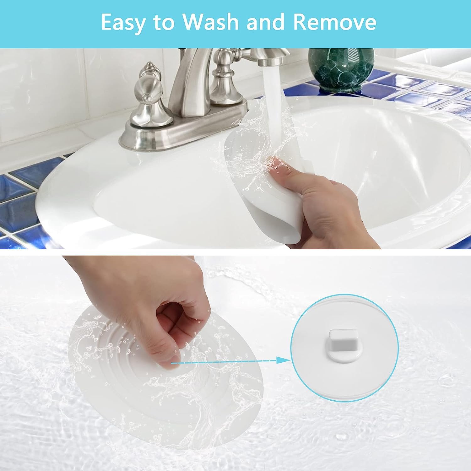 tifanso Universal Bath Stopper, Recyclable Silicon Drain Stopper   Upgraded Plug Cover for Kitchen Sink & Basin, Bathrooms and Laundries   6 inches (WhiteandGreyandAqua)