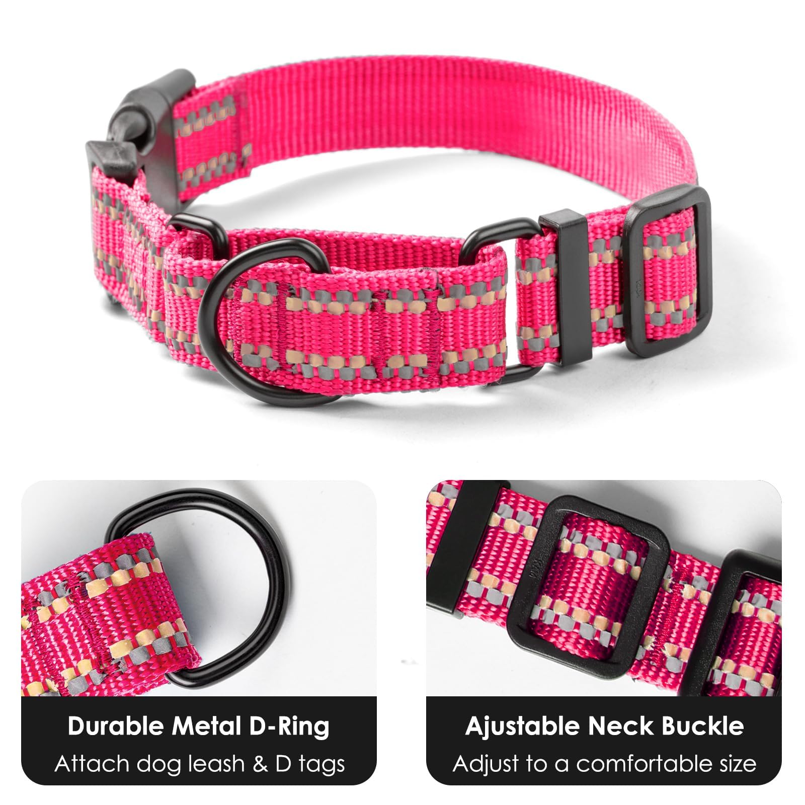 Hoowoo Dog Collar Small Dog Pink, Martingale Dog Collar Escape Proof, Reflective Half Check Collar Anti-Pull, Training Collar with Safety Quick Release Buckle, Nylon Puppy Collar for Small dogs