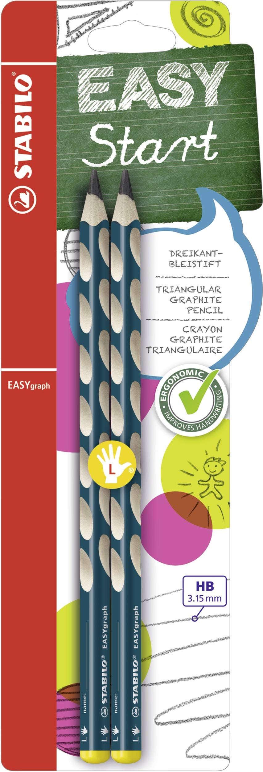 Ergonomic Graphite Pencil - STABILO EASYgraph - Left-Handed - Pack of 2 - Petrol - HB