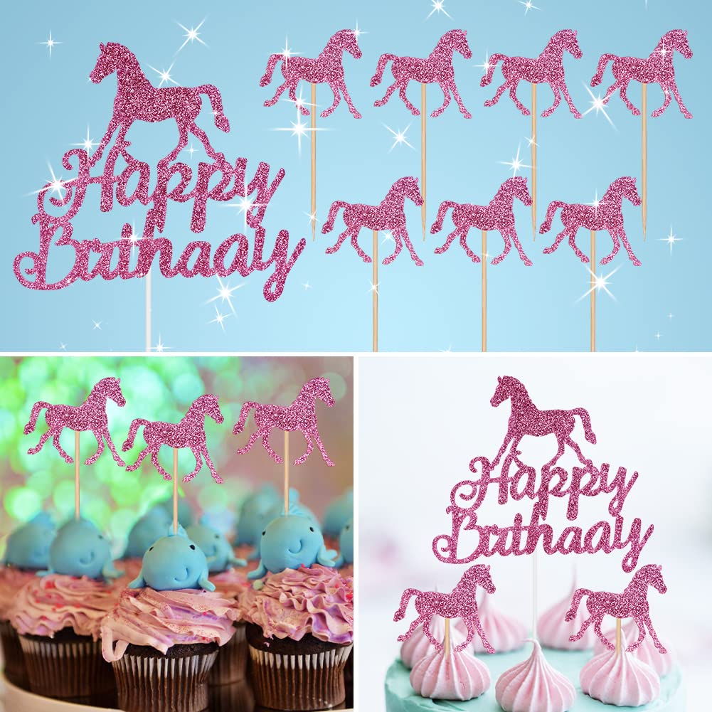 OSDUE 24PCS Happy Birthday Cake Toppers, Pony Theme Party Decorations, Pony Figures Happy Birthday Banner Cake Decors, for Kids Boy Girl, Birthday Shower Party Supplies