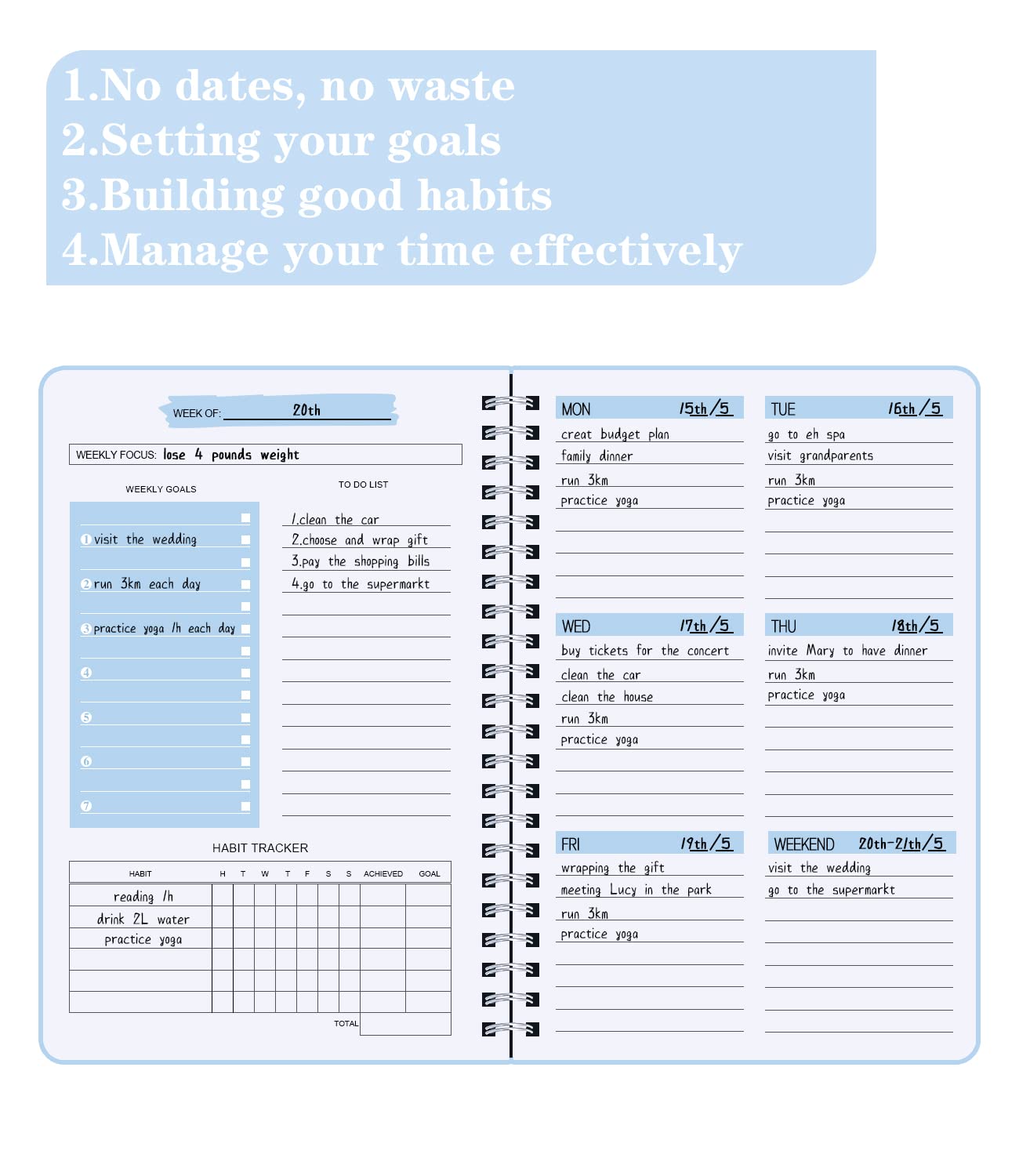 To Do List Notebook, Undated Weekly Planner A5 Diary Planner for College Work with Habit Tracker, Twin Wire Binding, Blue