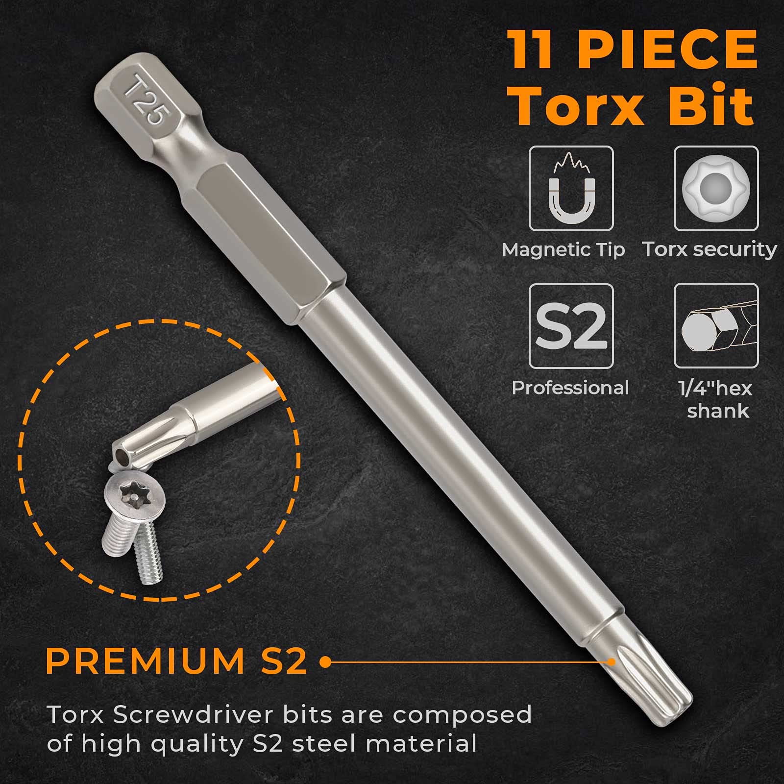 Torx Bit Set Hakkin 11Pcs Torx Screwdriver Sets 75mm Tamper Proof Torx Security Bit Set S2 Steel Magnetic Star Bits Set 1/4 inches Hex Shank for Impact Drill T6 T7 T8 T9 T10 T15 T20 T25 T27 T30 T40