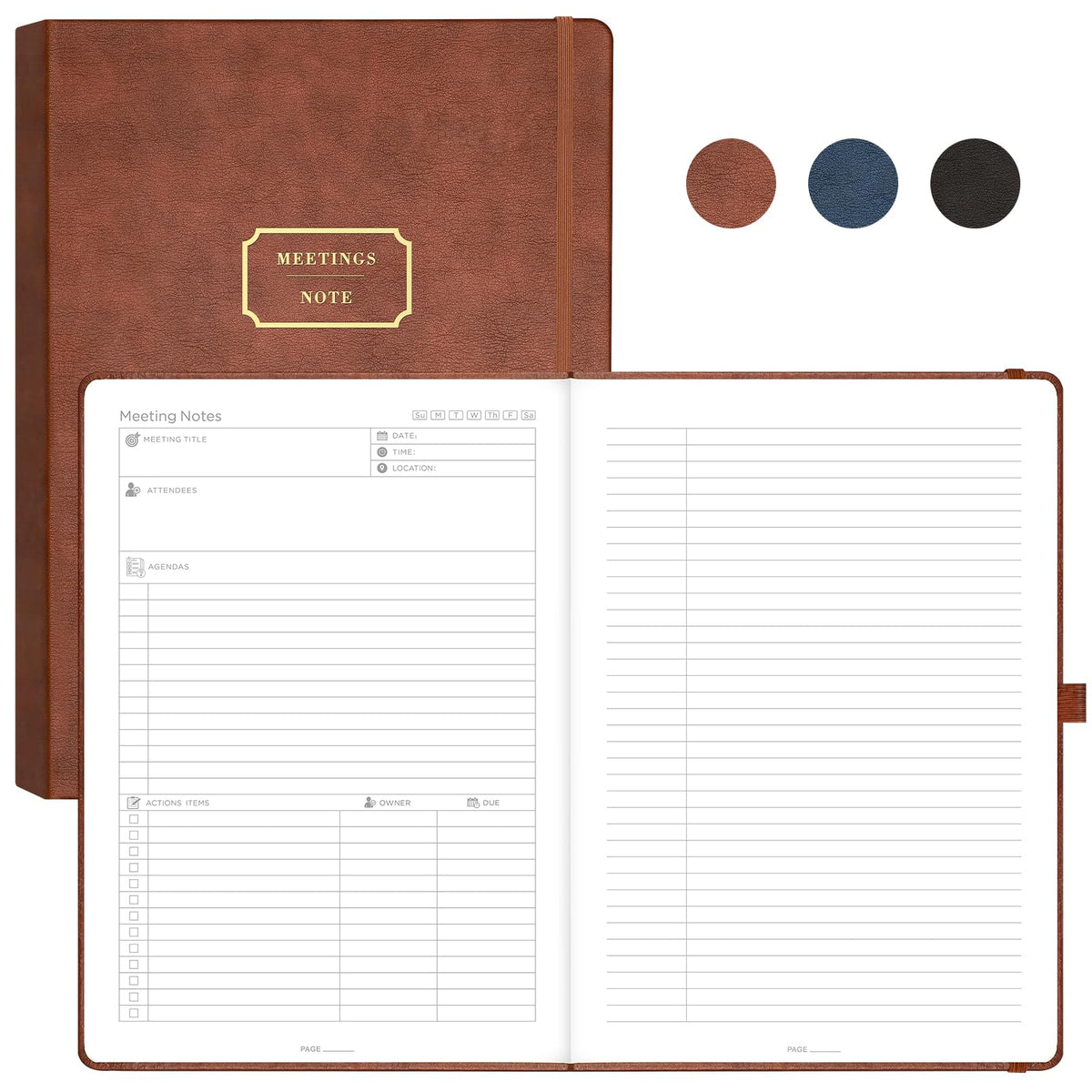 EMSHOI Meeting Notebook A4 Planner, 240 Pages Large Diary To Do List Notepad with 100gsm Thick Paper, Hardback Leather Journal for Women Men Office Business Work, 21.5 x 29cm - Coffee