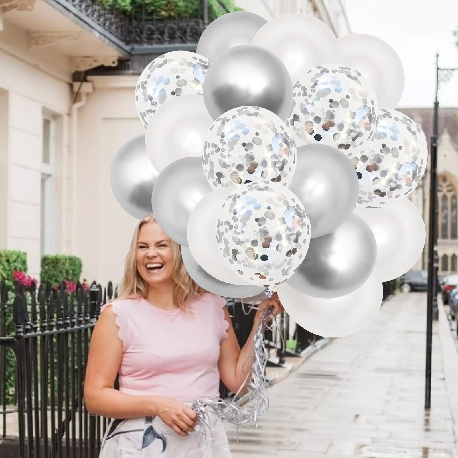 Silver Balloons, 40Pcs 12Inch Metallic Silver White Helium Balloons & Silver Confetti Balloons with Ribbons Glue Dots for Birthday Wedding Baby Shower Engagement Graduate Anniversary Party Decoration