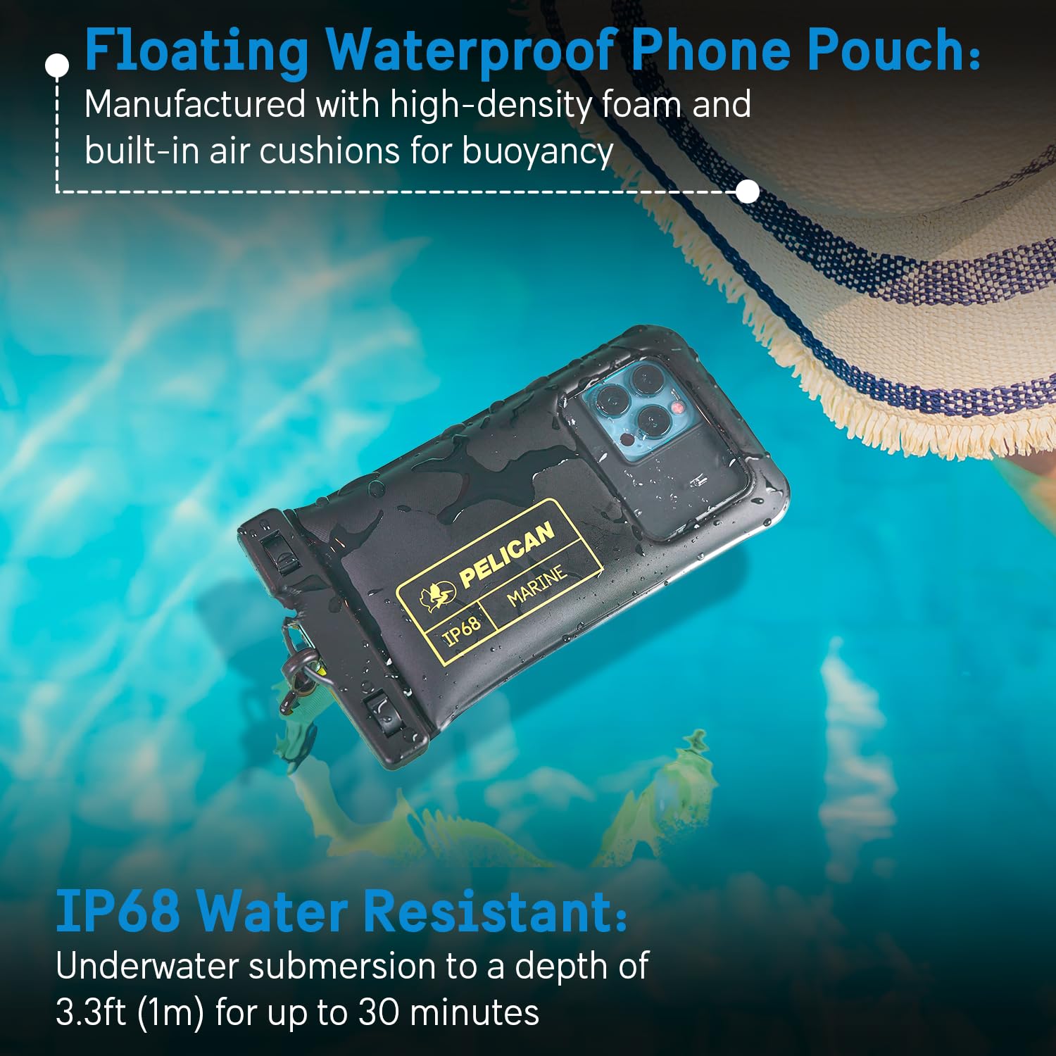 Pelican Marine - IP68 Waterproof Phone Pouch (Regular Size) - Floating Waterproof Phone Case For iPhone 14 Pro Max/ 13 Pro Max/ 12 Pro Max/ 11/ S22 Ultra - Detachable Lanyard - Black/Yellow