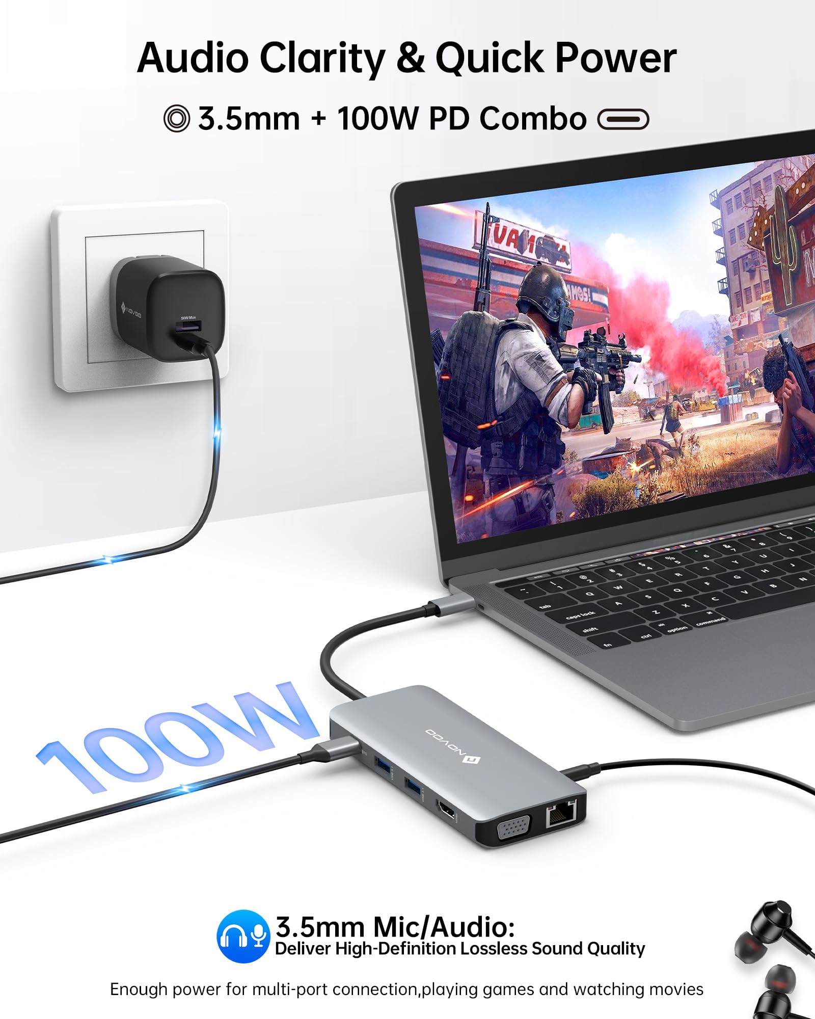 NOVOO USB C Docking Station, 11 in 1 Laptop docking station, USB C HUB Multiport Adapter with 4K@60 HDMI, 4 USB-A Data Ports, SD/TF, 1Gbps Ethernet, VGA, 3.5mm for MacBook, Dell, HP, Lenovo Thinkpad