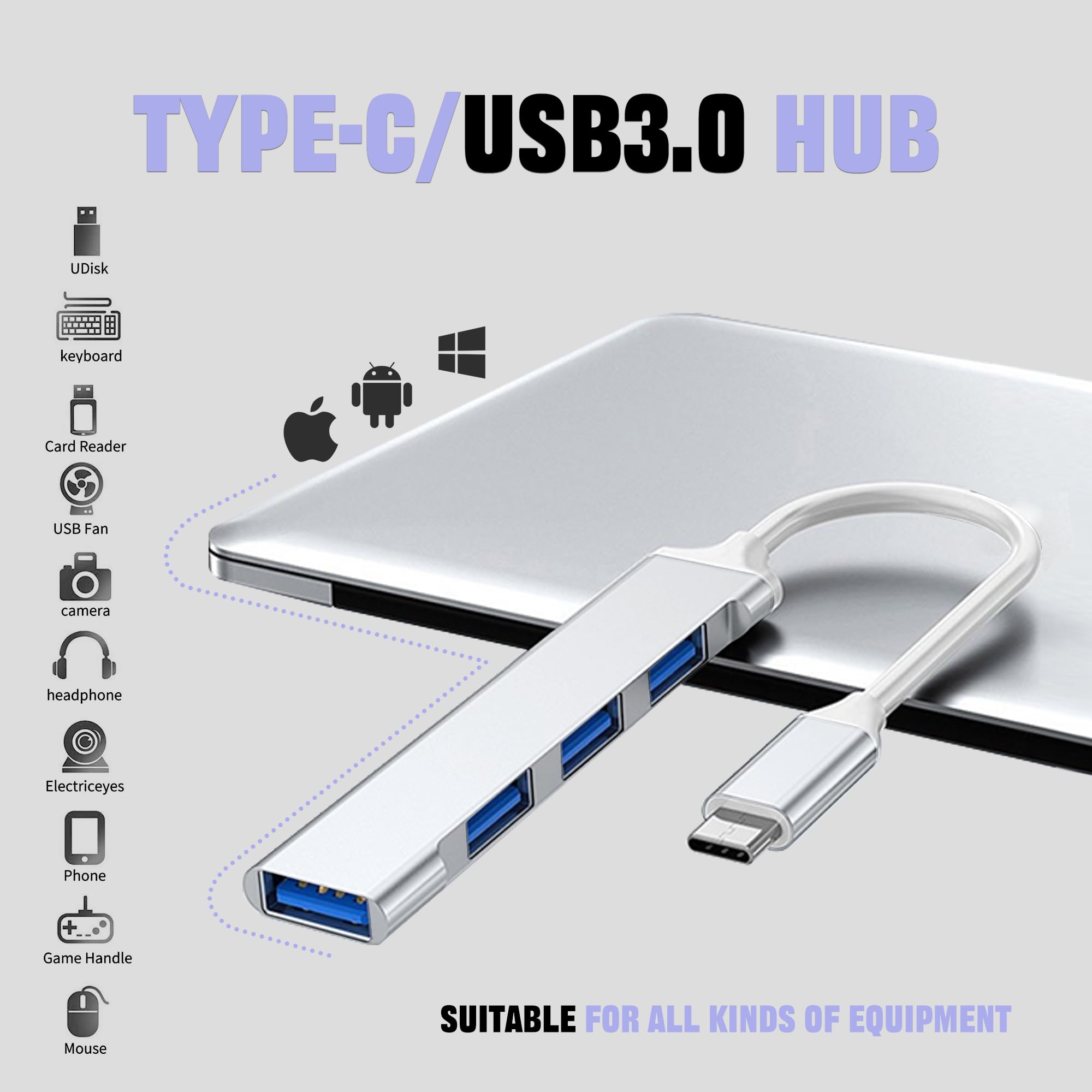 USB C Hub, 4-Port Mini USB C Adapter with Multi-Ports (1 USB 3.0, 3 USB 2.0), Ultra Slim USB C Splitter Extension Adapter,Compatible MacBook Pro, iPad Pro, iMac, XPS, Laptop, Mobile etc