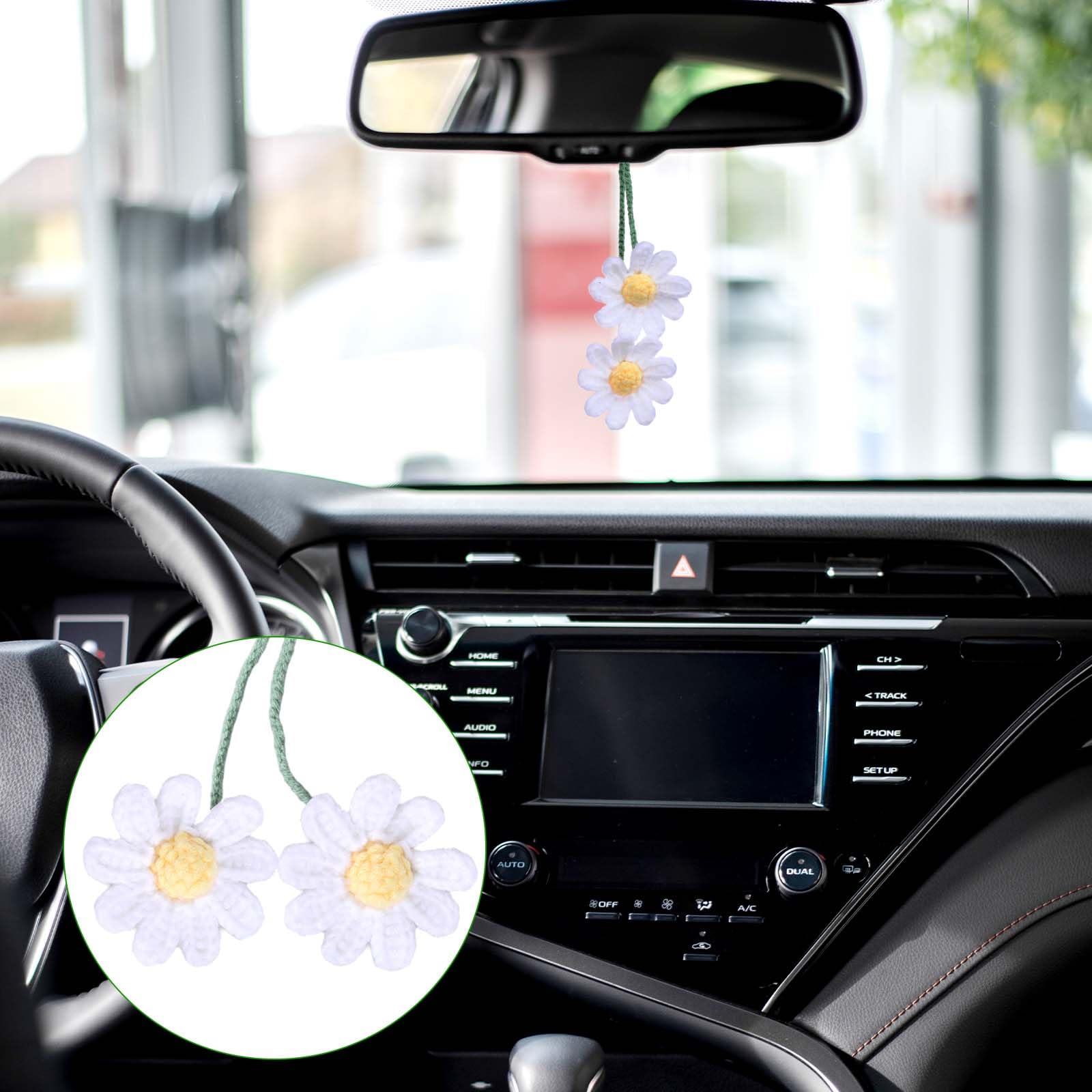 WLLHYF Crochet Daisy Car Pendant Cotton Cute Rear View Mirror Hanging Charms Handmade Knitted Woven Daisy Flower Tassel Car Accessories Automotive Interior Aesthetic (White)