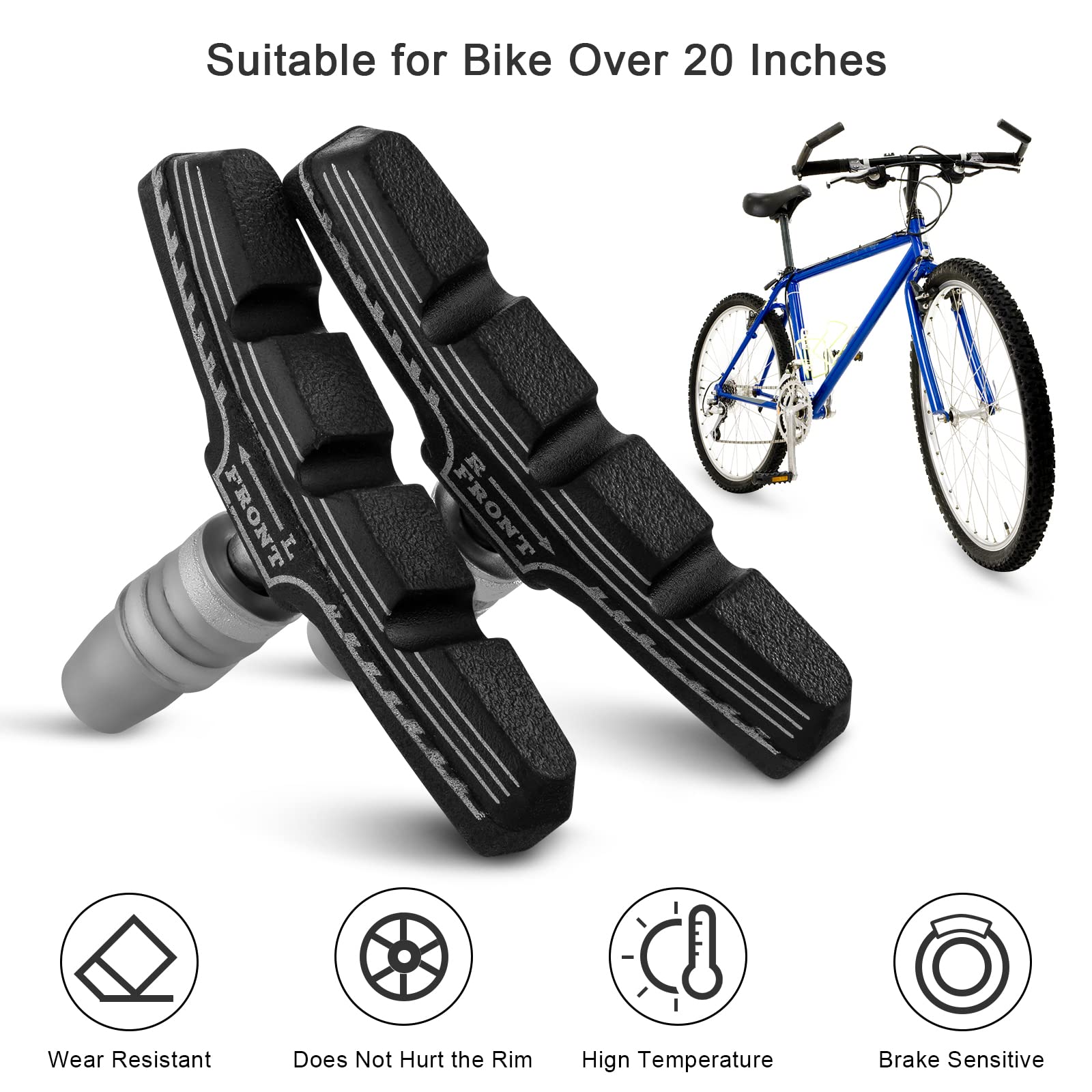 NUWAB 2 Pairs Premium Bike Brake Pads, Professional Mountain Bike V-Brake Pads with Hex Nuts and Spacers, Universal Bicycle Brake Blocks, 1PCS Allen Wrench Come With