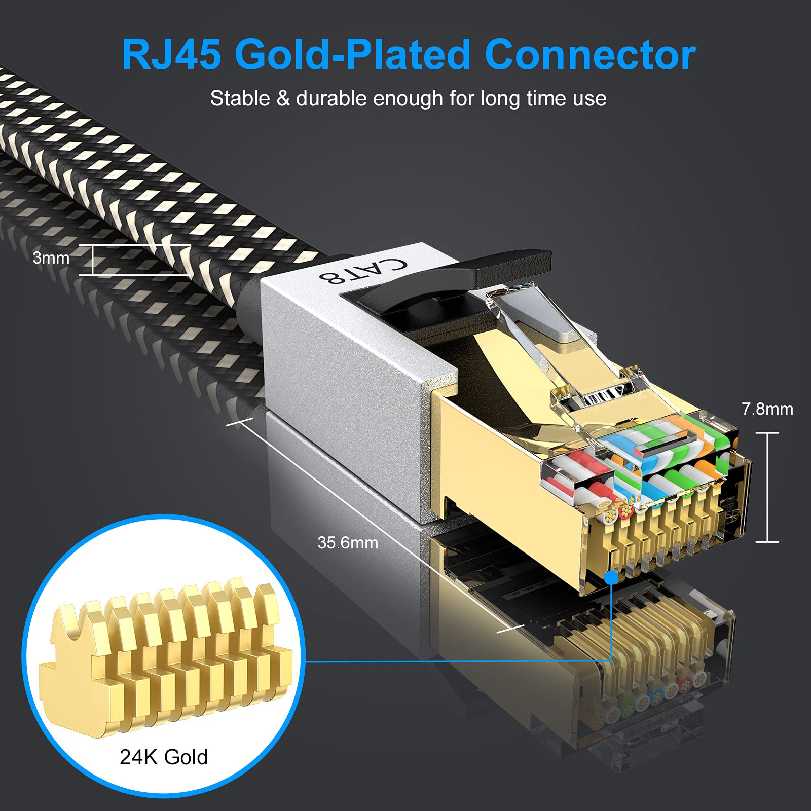 Cat 8 Ethernet Cable 2M, High Speed Gigabit Nylon Braided Lan Network Cat 8 Patch Cord, 40Gbps 2000Mhz RJ45 Flat Cable Shielded, Indoor&Outdoor for Modem/Router/switch, Faster than Cat5e/Cat6/Cat7