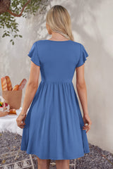 MOLERANI Women Summer Dresses Ruffle Sleeve V Neck Casual Swing Elastic Waist Midi Dress with Pockets Super Beja Blue 2XL