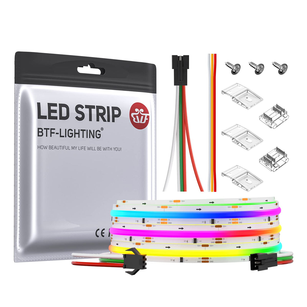 BTF-LIGHTING FCOB SPI RGB Flexible High Density LED Strip COB WS2811 IC LED Strip 3M 720LEDs/m 21W/M DC12V White PCB IP30 Chasing Colour(Without Controller and Power Supply)