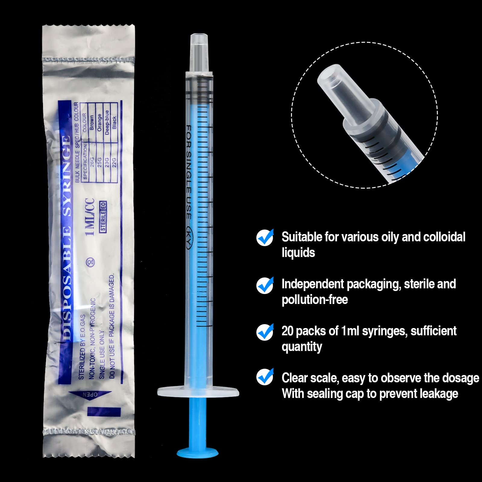 1ml Syringes 20 Pack Colostrum Syringe Plastic Syringes with Cap,Disposable Dosing Syringe for Measuring,Sterile Syringe for Labs,Pets Feeding Small Syringe for Oil or Glue