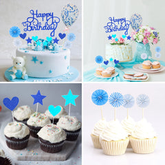 Blue Happy Birthday Cake Topper Glitter Royal Blue Happy Birthday Cake Topper Kit 16pcs Navy Blue Birthday Cake Toppers for Boy Girl Men Women Birthday Cupcake Toppers for Anniversary Party Decoration