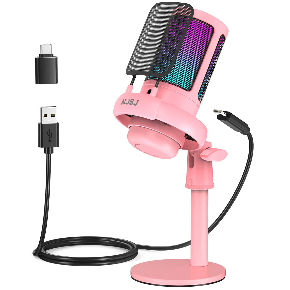 NJSJ Gaming Microphone, USB Microphone for PC/ PS4/ PS5/ Mac/Phone, Condenser Mic with Touch Mute, Brilliant RGB Lighting, Gain knob & Monitoring Jack for Recording, Streaming, Podcasting (Pink)