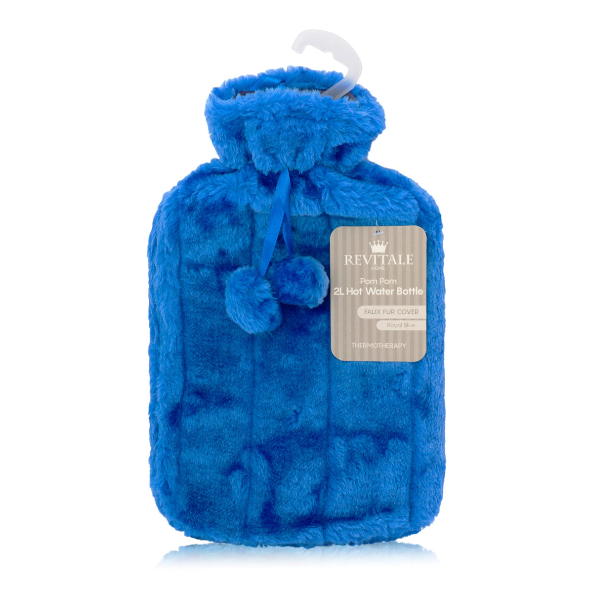 Revitale Luxury Cosy Faux Fur Pom Pom Hot Water Bottle - 2 Litre (Royal Blue)