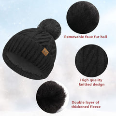 Bobble Hat Women - Fleece Lined Beanie Hats Thermal Knitted Wooly Winter Hats Ladies Cable Knit Hats with Faux Fur Pom Pom Pink