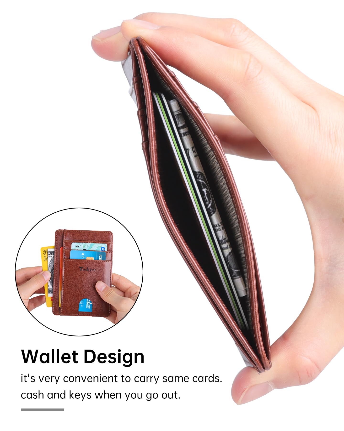 Teskyer Card Holder Wallet, Slim Credit Card Wallets, Minimalist, RFID Blocking, 1 ID Window, Holds up to 8 Cards, Brown