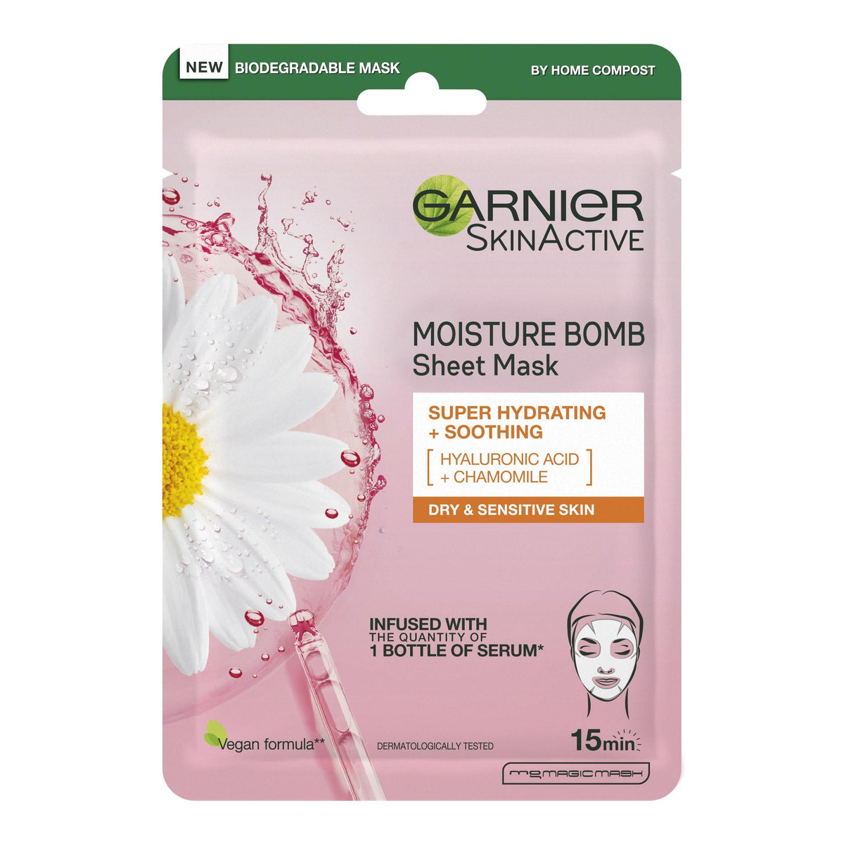 Garnier Moisture Bomb Chamomile And Hyaluronic Acid Sheet Mask, Hydrating & Soothing Face Mask, For Sensitive Skin, Biodegradable And Vegan Tissue, 28 G