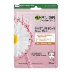 Garnier Moisture Bomb Chamomile And Hyaluronic Acid Sheet Mask, Hydrating & Soothing Face Mask, For Sensitive Skin, Biodegradable And Vegan Tissue, 28 G