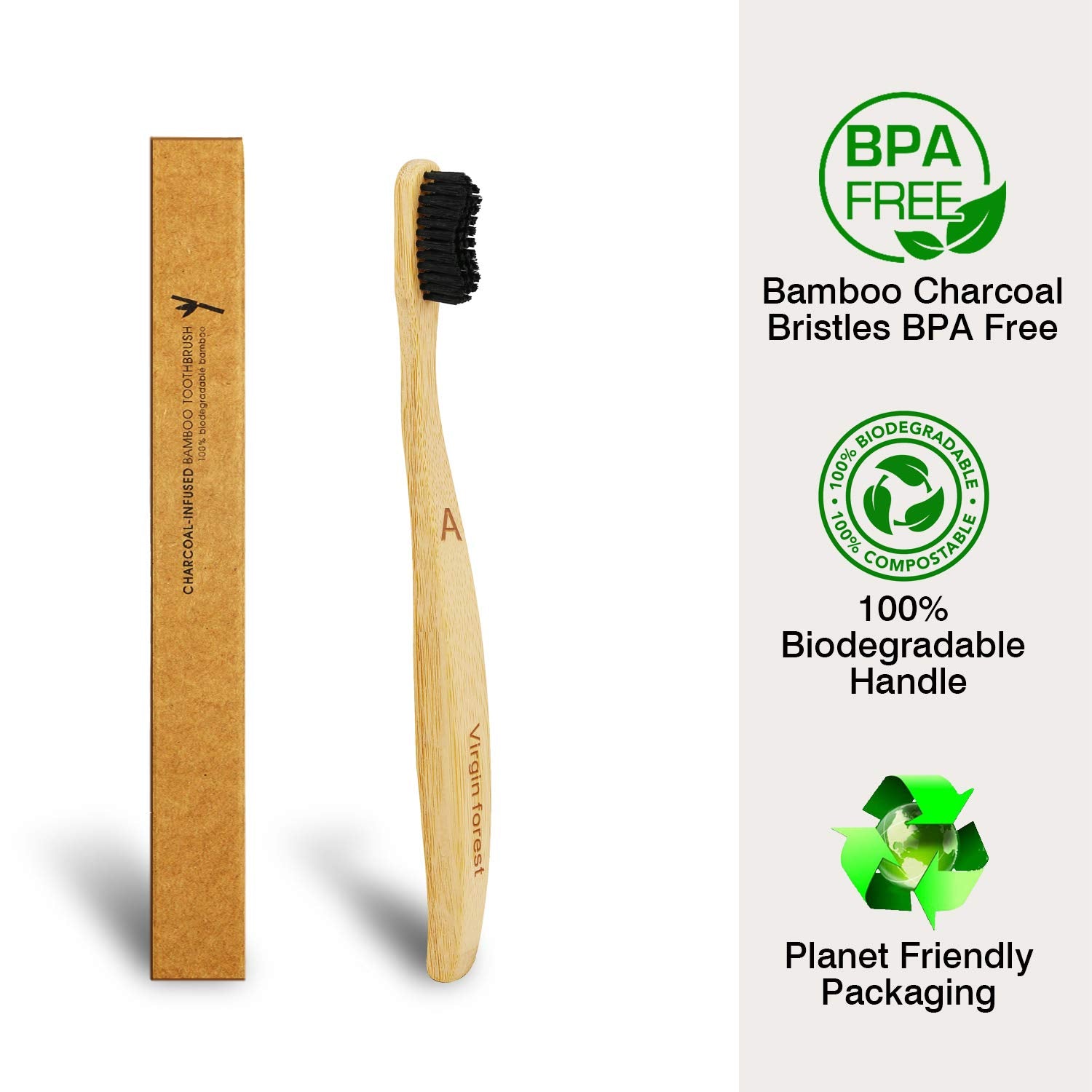 Bamboo Toothbrushes, Eco Toothbrush, Biodegradable Toothbrush, Wooden Toothbrush, Wavy Bristles and Large Handle, Plastic Free Packaging(6 Pack)