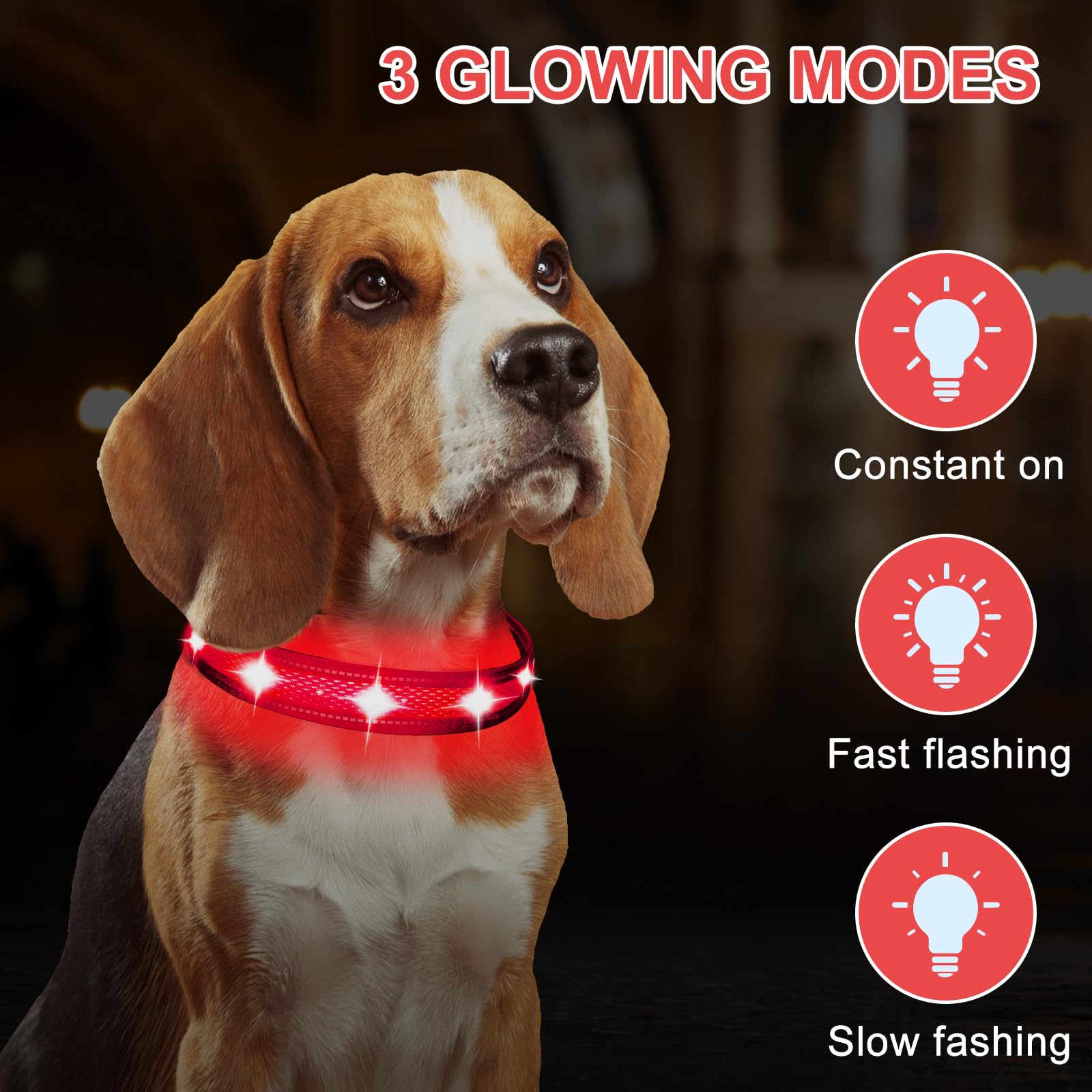 Light Up Dog Collar, Flashing dog collars for dark,LED Dog Collar USB Rechargeable & Waterproof with 3 Flashing Modes, Super Bright Flashing Adjustable Dog Collar for Large Dog