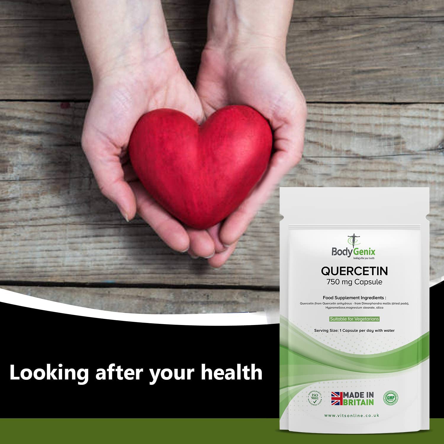 Bodygenix Quercetin 750mg Capsules - Immune System Brain Cardiovascular Health Joints Support Energy Boost Natural Vegan Supplement - 60 Capsules 2 Month Supply