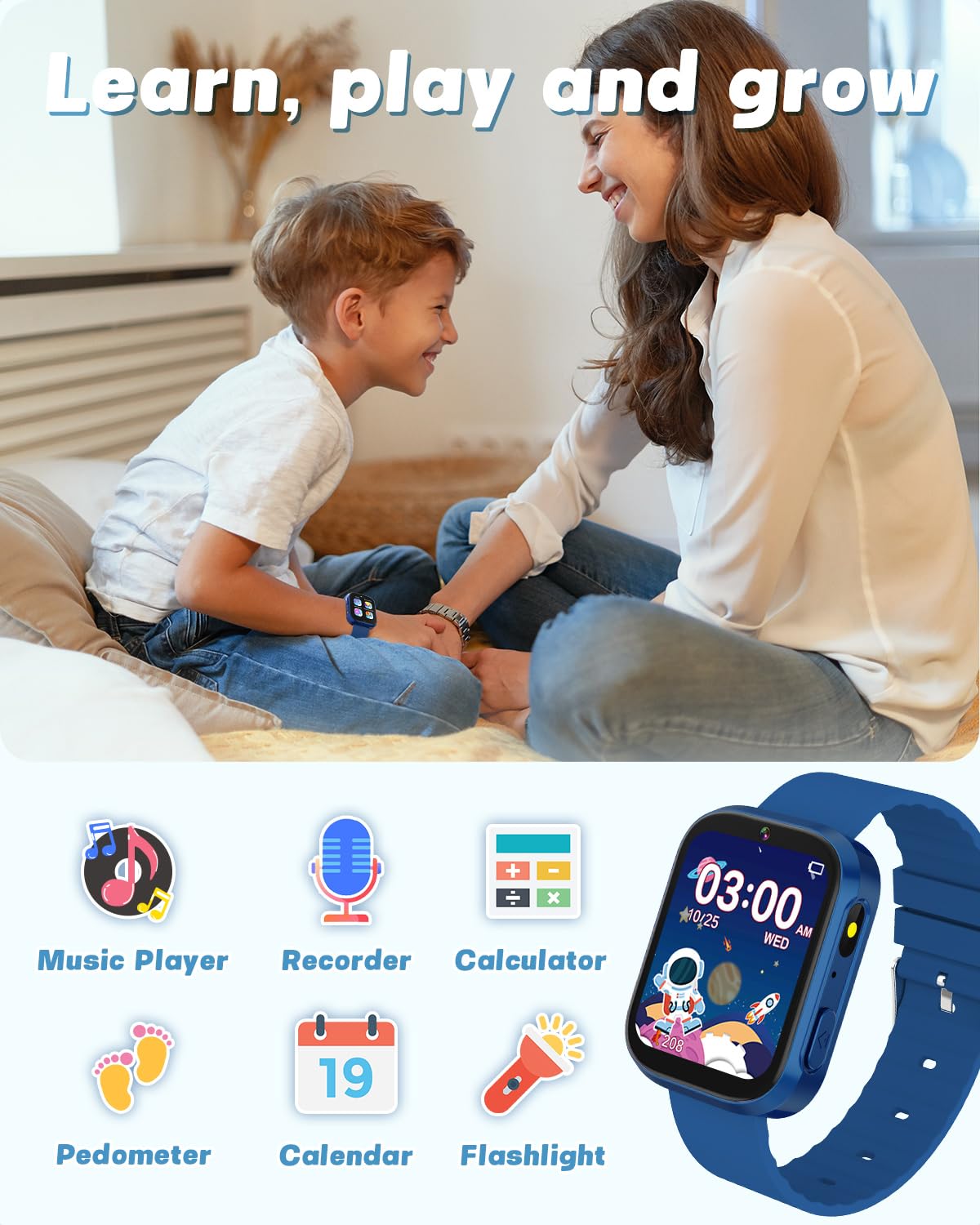 BIGGERFIVE Kids Smart Watch for 4-12 Year Old Boys Girls, Solid Touchscreen with 22 Fun Games HD Camera Video & Music Player Audiobooks Learning Cards, Birthday Toy Gifts for Young Ages Children Blue