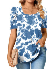 TAOHUADAO Womens Tops Casual Square Neck Puff Short Sleeve Tunic T-shirts for Women,Tie Dye Blue XL