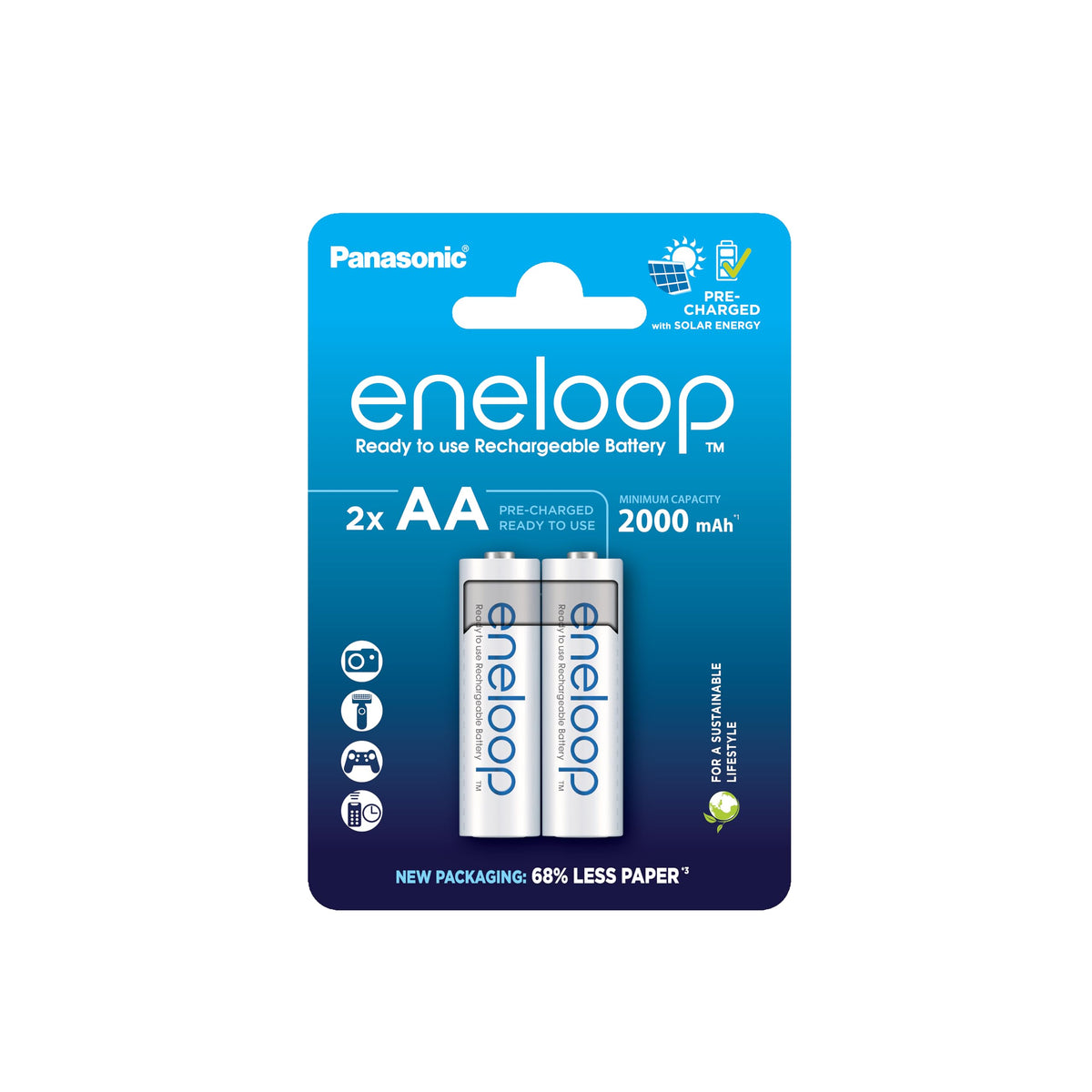 eneloop, AA/Mignon, rechargeable battery, 2-pack, capacity of 2000 mAh, ready-to-use Ni-MH batteries, 2000 recharge cycles, plastic free packaging, standard, white