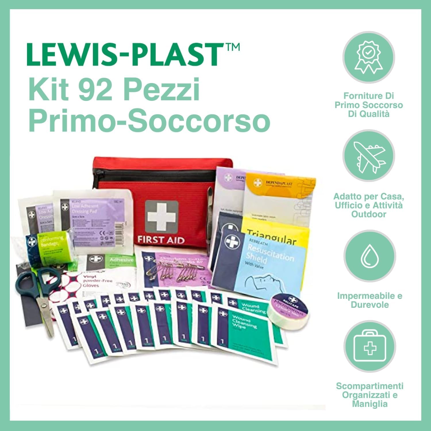 Lewis-Plast Premium 92 Piece First Aid Kit - Safety Essentials for Travel, Car, Home, Camping, Work, Hiking & Holiday Red , Small