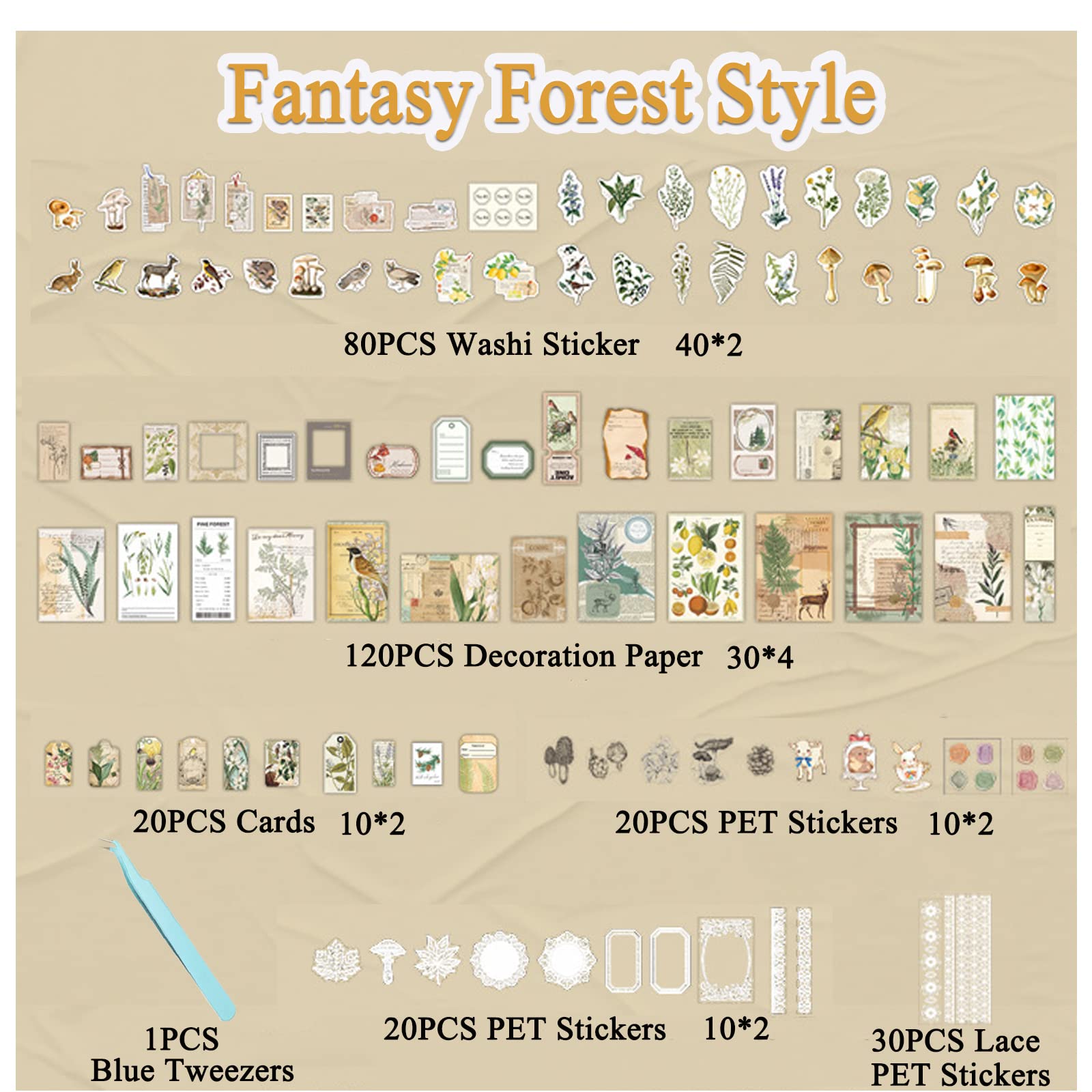 Carreuty 290pcs Aesthetic Scrapbooking Stickers Paper Pack, DIY Decorative Paper Plant Animal Supplies Stickers Paper Kit for Scrapbook Supplies Journal Kit (Fantasy Forest Life)